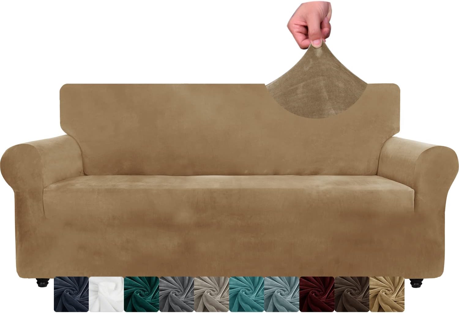 CHELZEN Copridivano Velluto Extra Large 4 Posti, Cammello - immagine 1