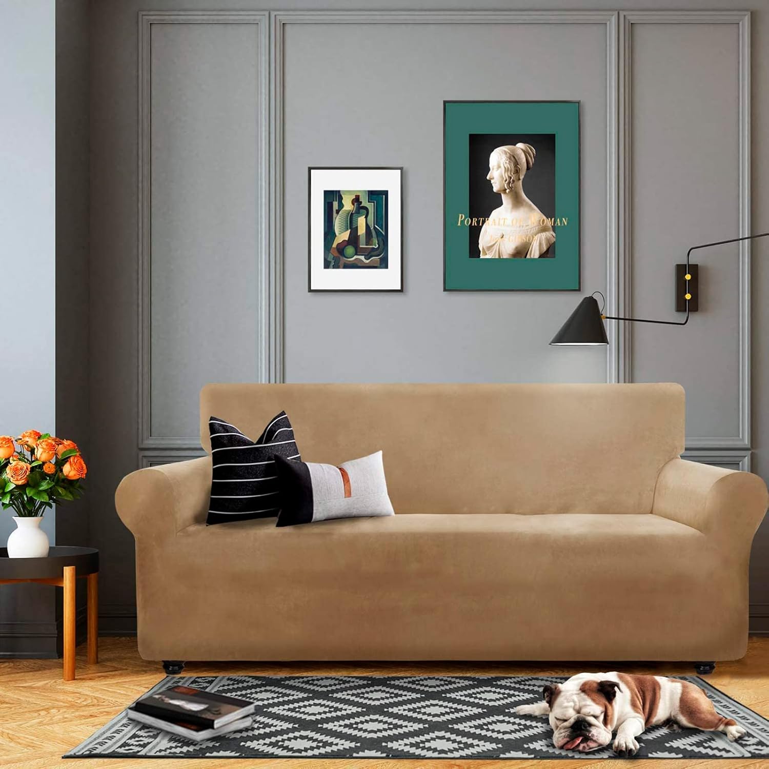 CHELZEN Copridivano Velluto Extra Large 4 Posti, Cammello - immagine 2