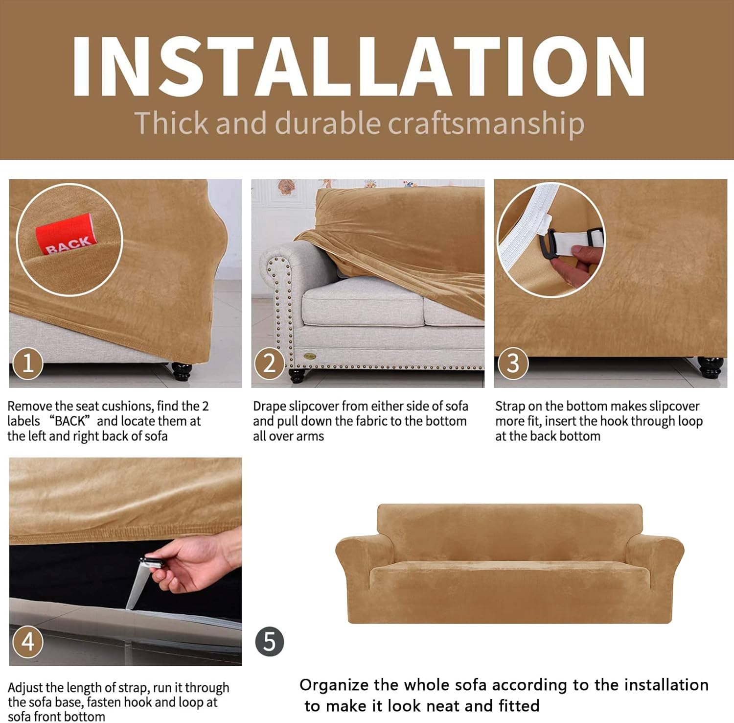 CHELZEN Copridivano Velluto Extra Large 4 Posti, Cammello - immagine 6