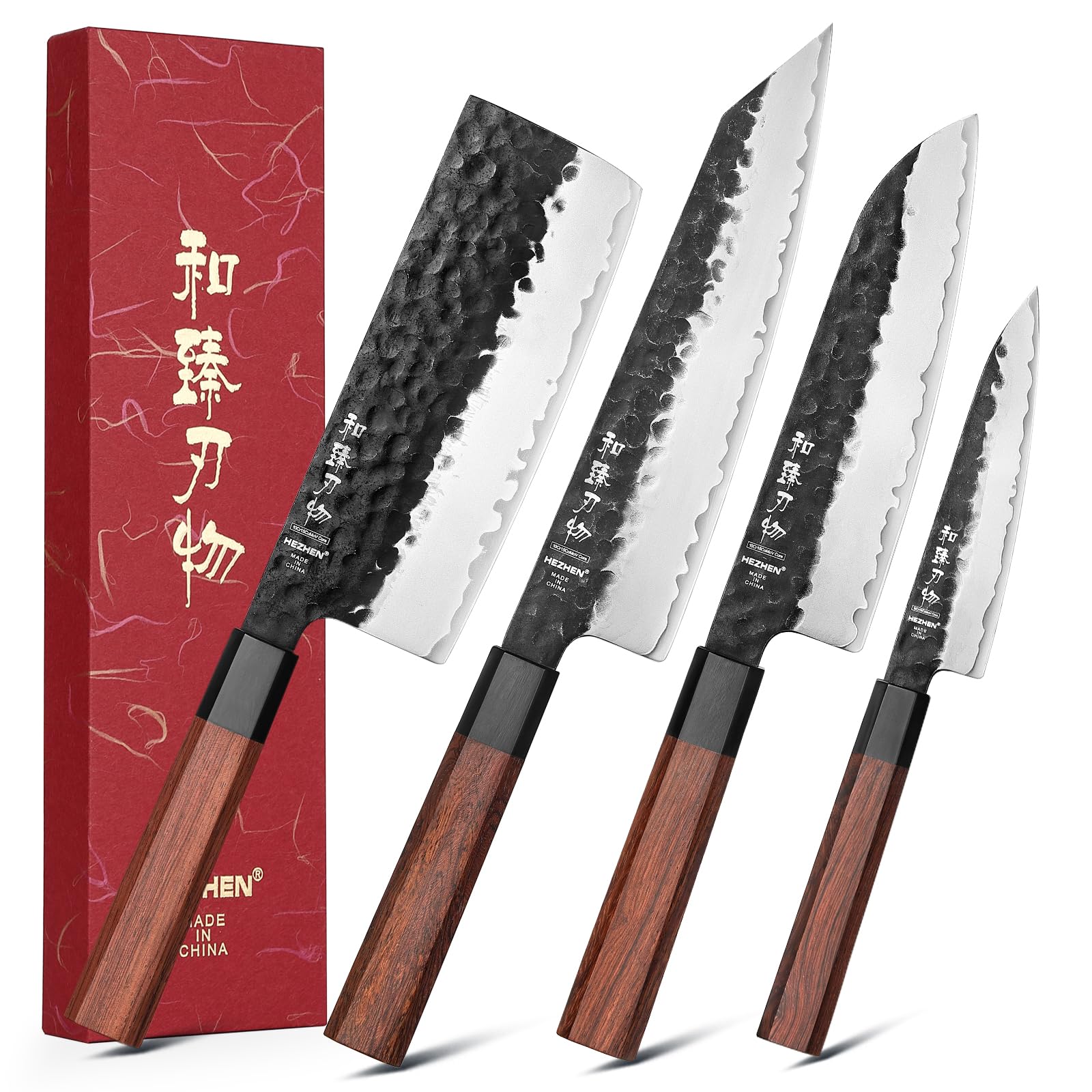 Hezhen Set Coltelli da Cucina 4 Pezzi, Manico in Legno