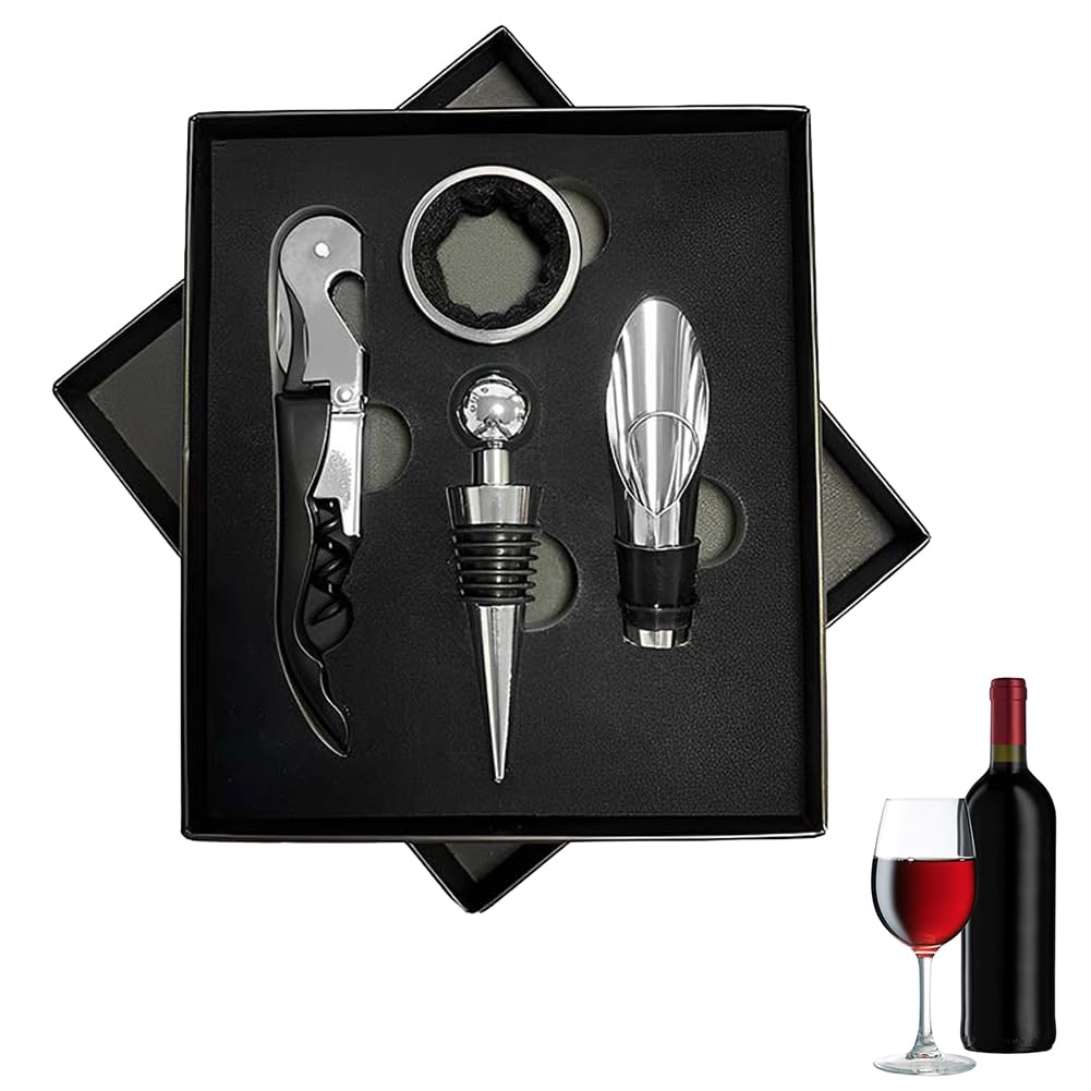 Set di Accessori da Vino, Set di Cavatappi per Vino, Set Apribottiglie, Apribottiglie Vino, Set Regalo di Accessori per Vino 4 In 1, Con Cavatappi Vino, Vino Versatore, Tappo per Vino