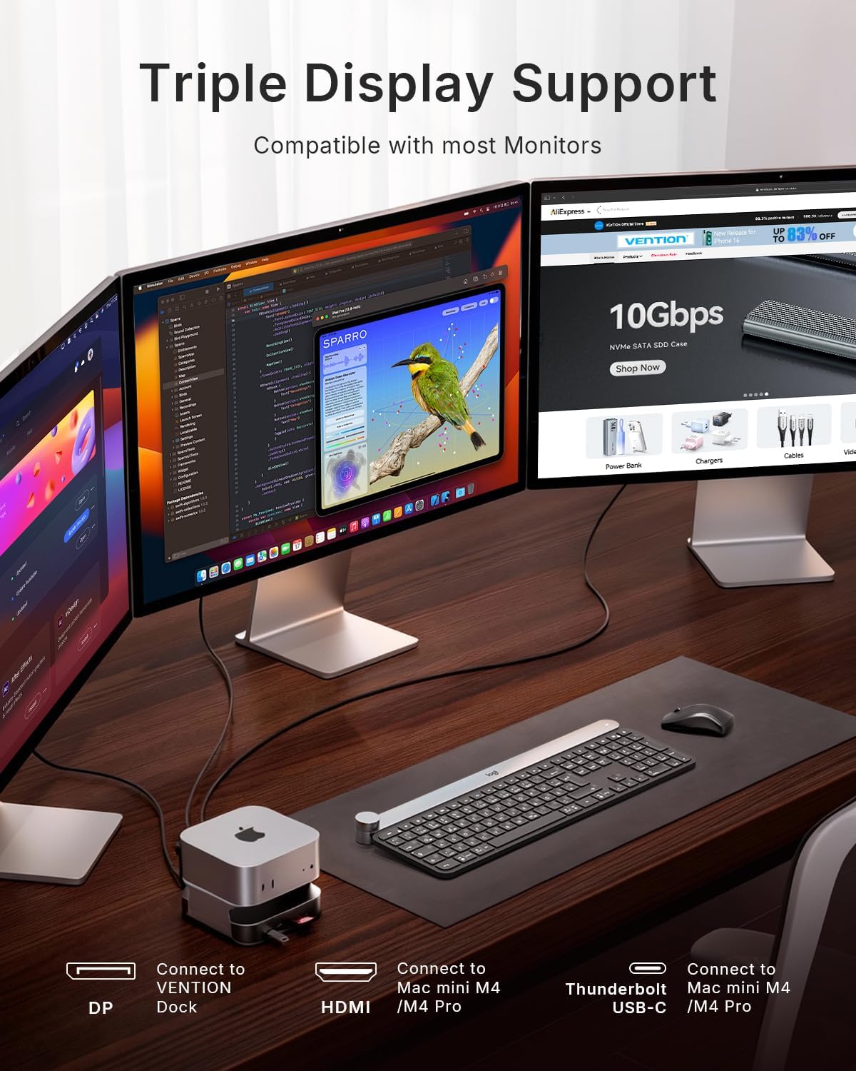 Vention Dock 10-in-1 Mac Mini M4/M4 Pro con DisplayPort 4K - immagine 4