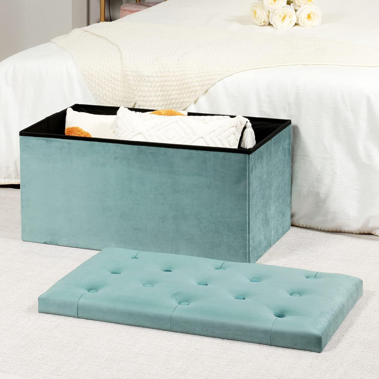Bonlife Pouf Contenitore Velluto 80x40x40cm, Verde - immagine 2