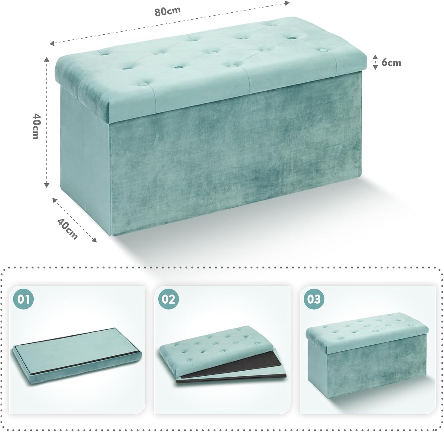 Bonlife Pouf Contenitore Velluto 80x40x40cm, Verde - immagine 3