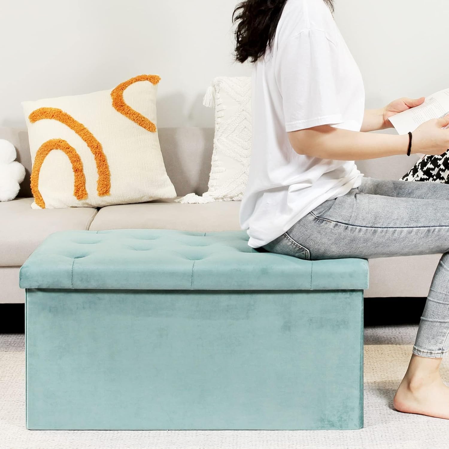 Bonlife Pouf Contenitore Velluto 80x40x40cm, Verde - immagine 4