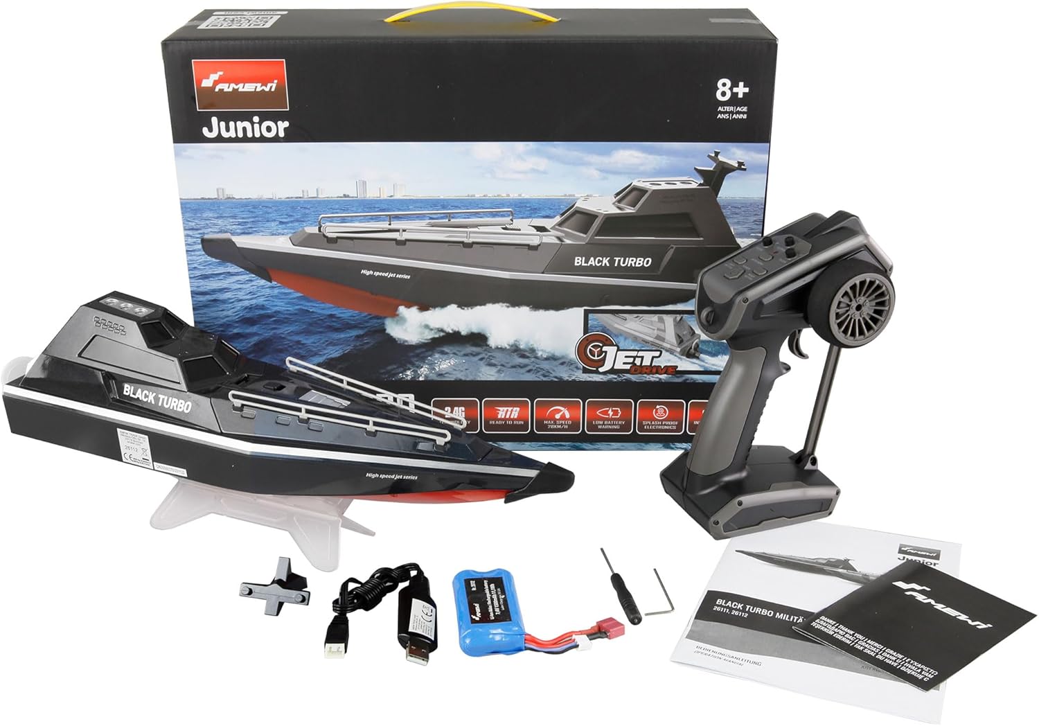 Amewi Black Turbo Barca Militare RC 28 km/h, Nera - immagine 1