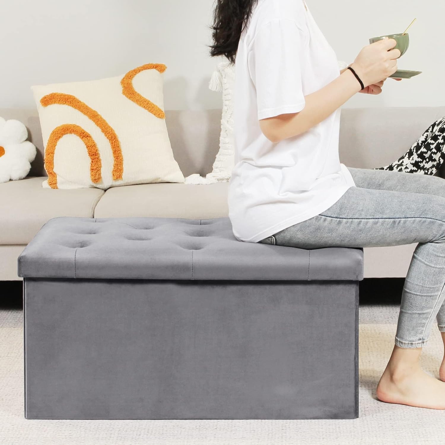 Bonlife Pouf Contenitore Velluto 80x40x40cm, Grigio - immagine 3