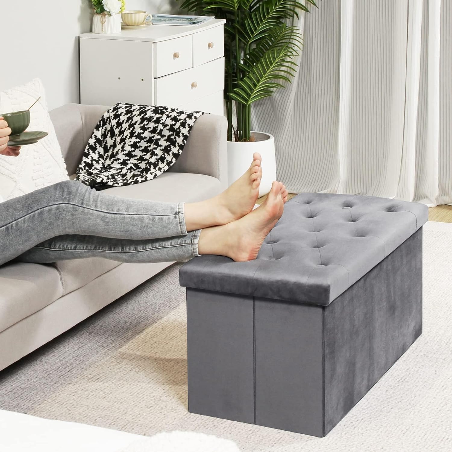 Bonlife Pouf Contenitore Velluto 80x40x40cm, Grigio - immagine 4
