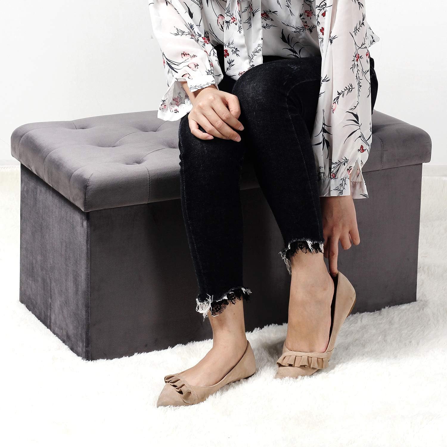 Bonlife Pouf Contenitore Velluto 80x40x40cm, Grigio - immagine 5