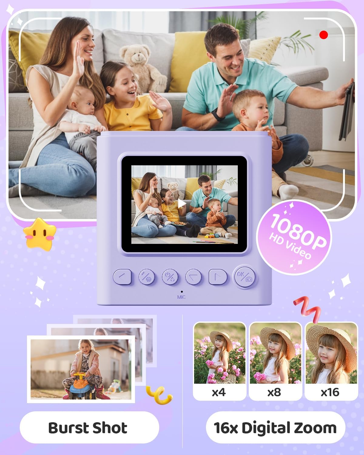 Macchina Fotografica Bambini Istantanea 2.4'' 1080P - immagine 4