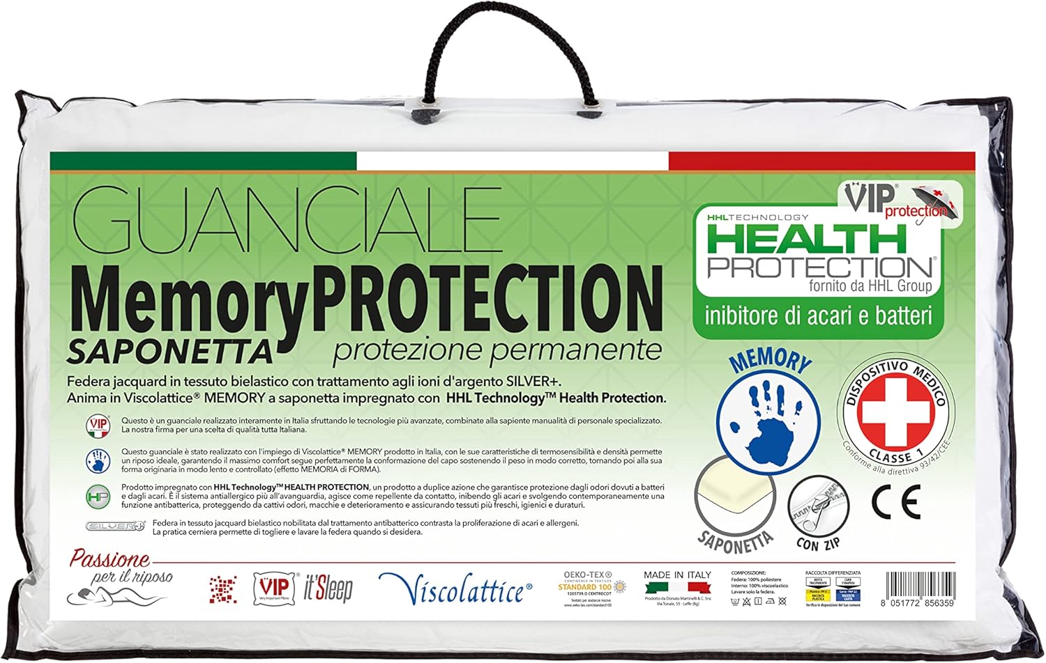 V.I.P. Very Important Pillow V.I.P. Guanciale Memory Foam Protection Saponetta con Dispositivo Medico, Made in Italy, cm 48x78 h.12