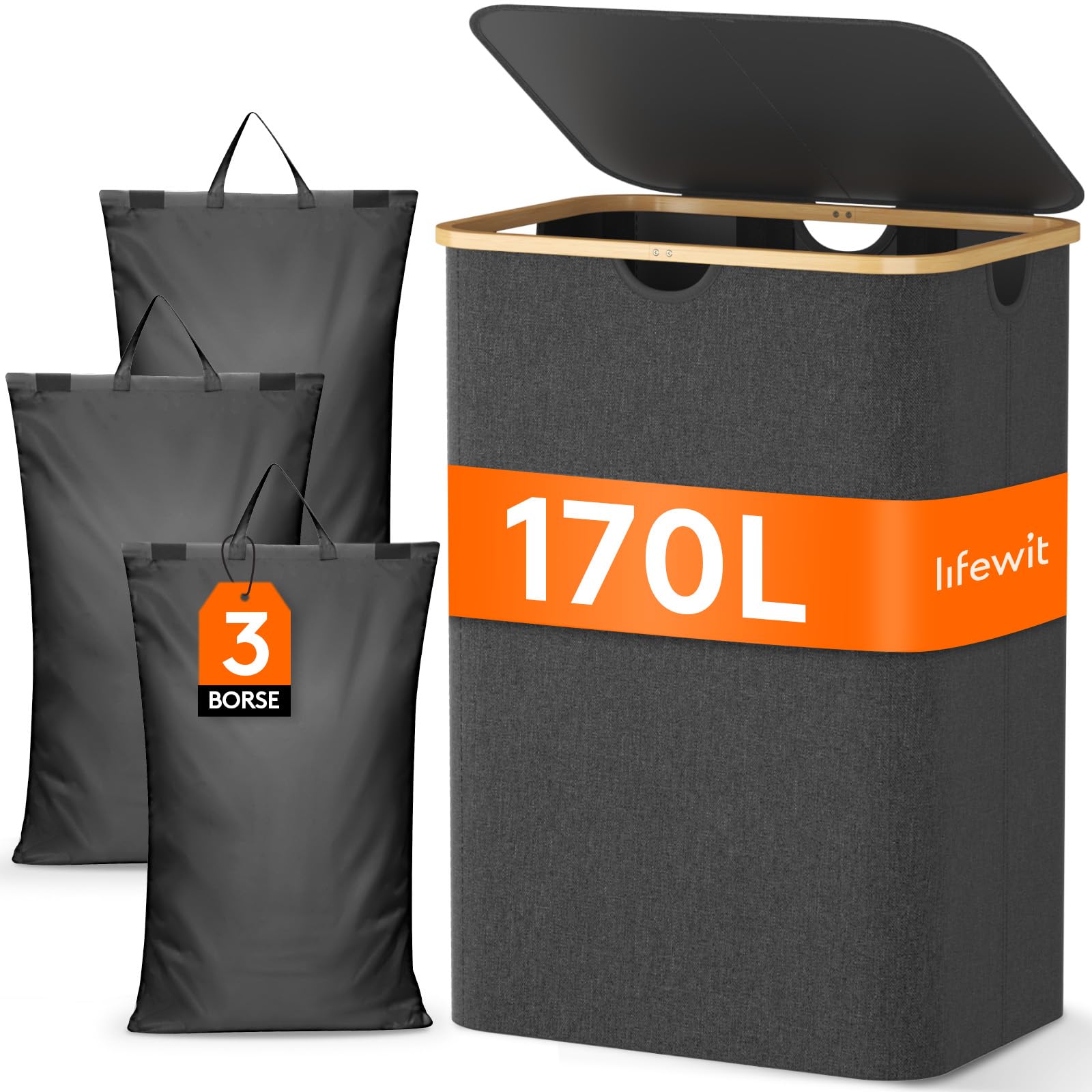 Lifewit Cesto Portabiancheria 170L con 3 Scomparti, Grigio Scuro