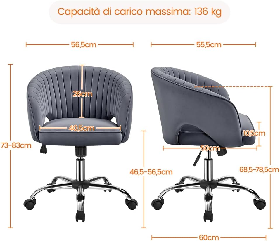 Yaheetech Poltroncina Ufficio Ergonomica in Velluto, Grigio Scuro - immagine 2