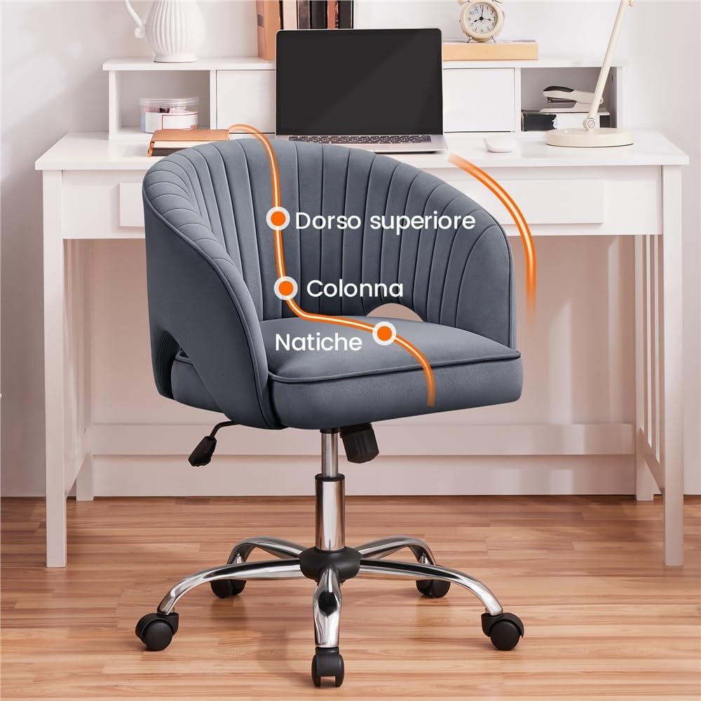 Yaheetech Poltroncina Ufficio Ergonomica in Velluto, Grigio Scuro - immagine 3