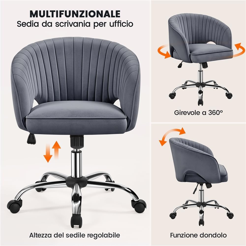 Yaheetech Poltroncina Ufficio Ergonomica in Velluto, Grigio Scuro - immagine 4