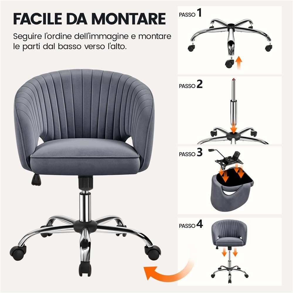 Yaheetech Poltroncina Ufficio Ergonomica in Velluto, Grigio Scuro - immagine 8