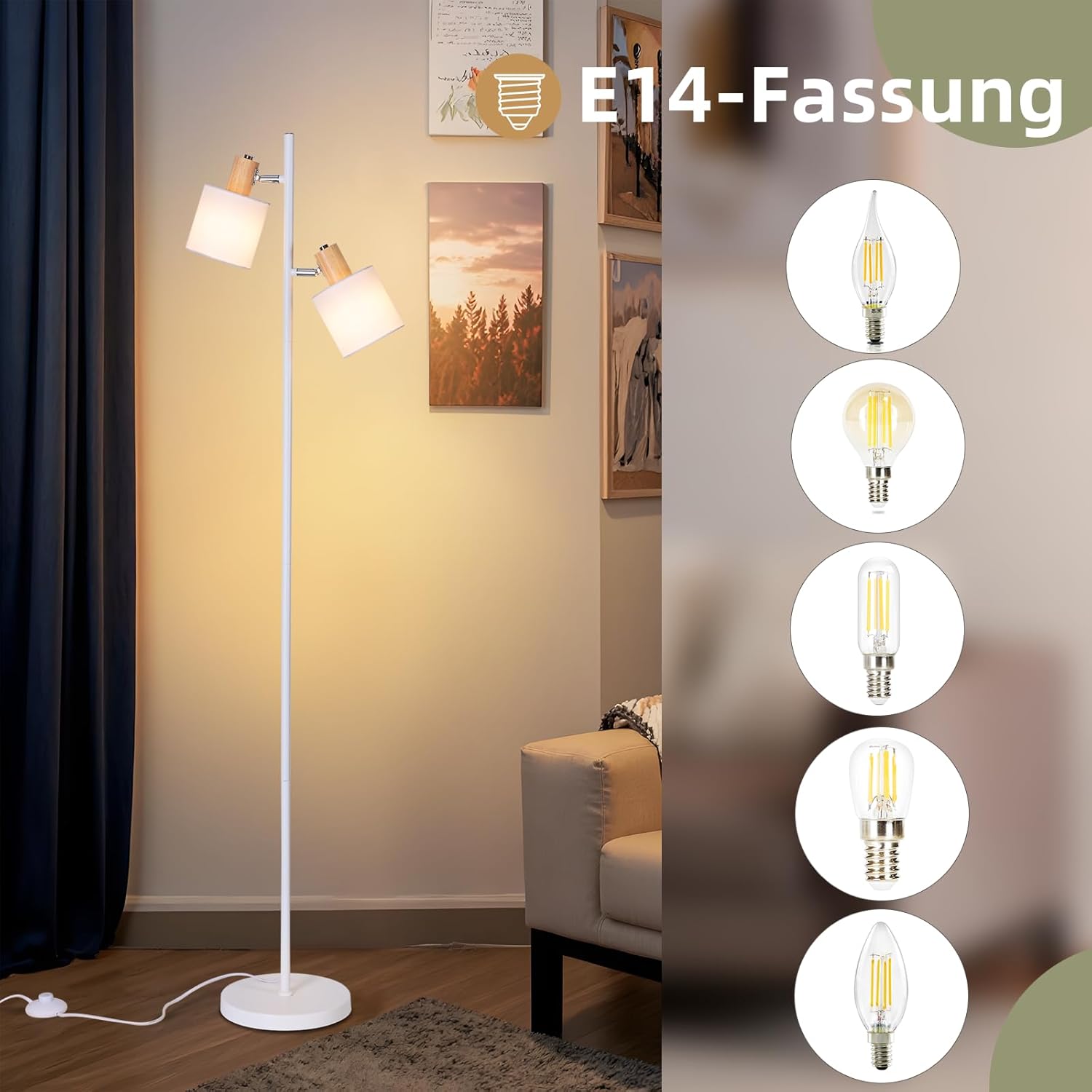 Lampada da Terra Vintage 2 Fiamme E14 in Legno Bianco - immagine 2