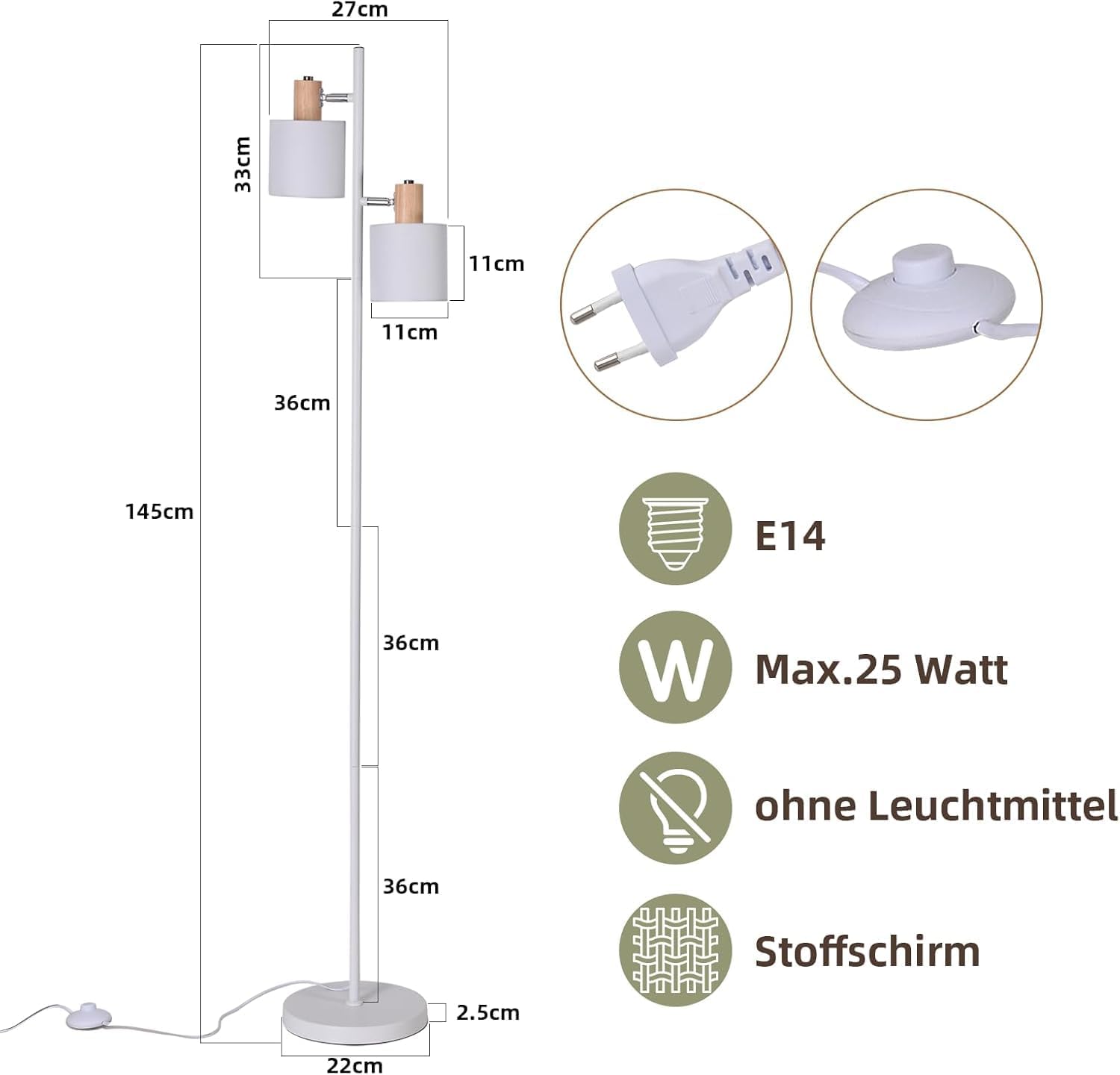 Lampada da Terra Vintage 2 Fiamme E14 in Legno Bianco - immagine 5
