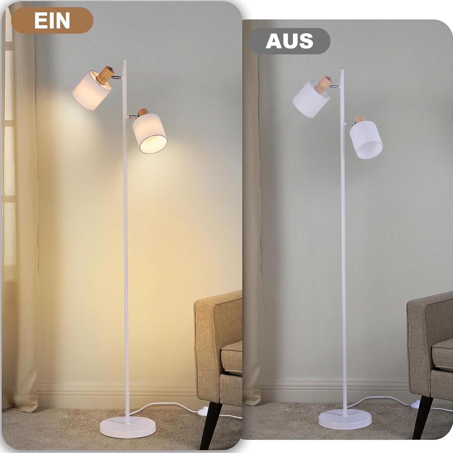 Lampada da Terra Vintage 2 Fiamme E14 in Legno Bianco - immagine 7