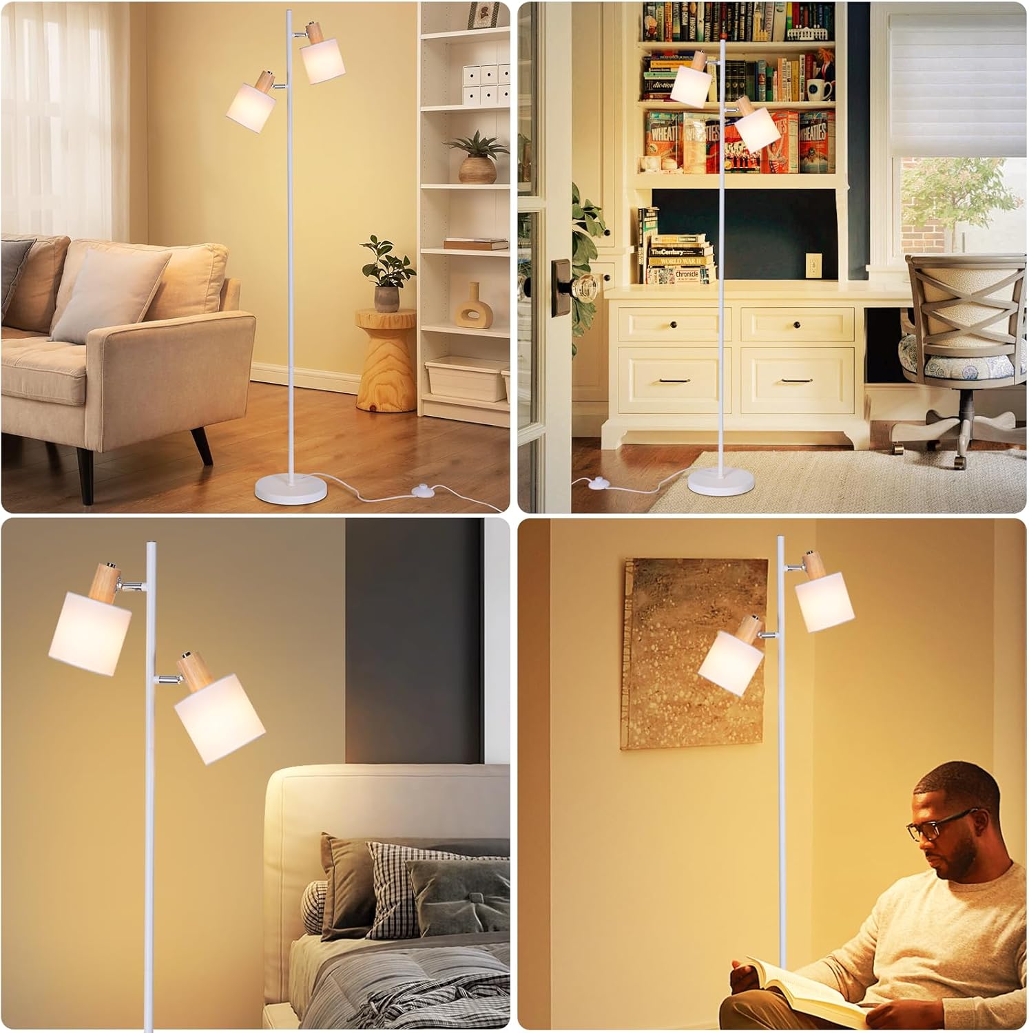 Lampada da Terra Vintage 2 Fiamme E14 in Legno Bianco - immagine 8