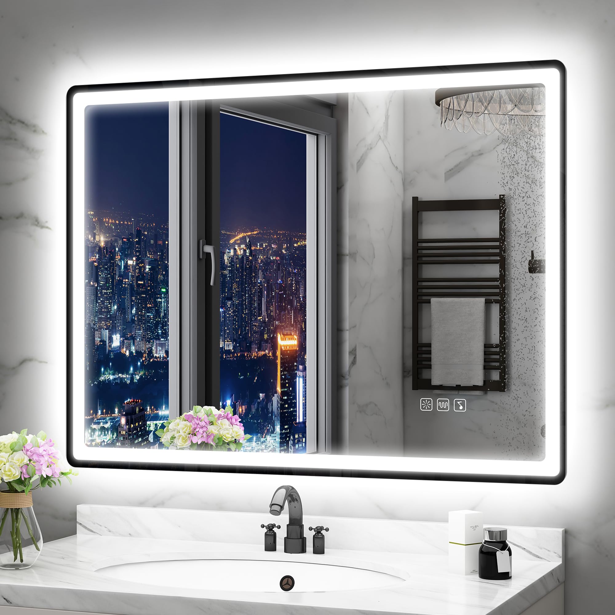 STARLEAD Nero Specchio-LED-Bagno-con-Luce 80x60cm, Bluetooth, 3 Colori Luce, Dimmerabile, Antifog, Memoria, IP44, Vetro Temperato, Orizzontale/Verticale, Cornice non Metallica
