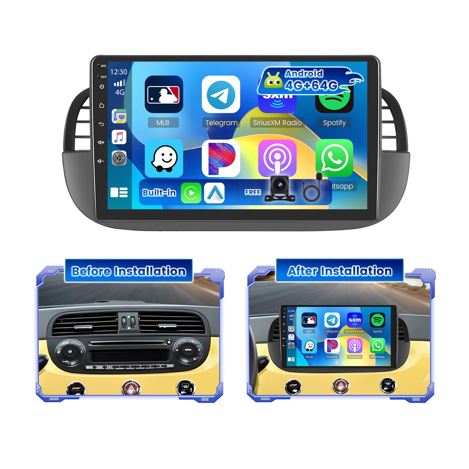 Hikity Android 15 Autoradio 9" per Fiat 500 2007-2015