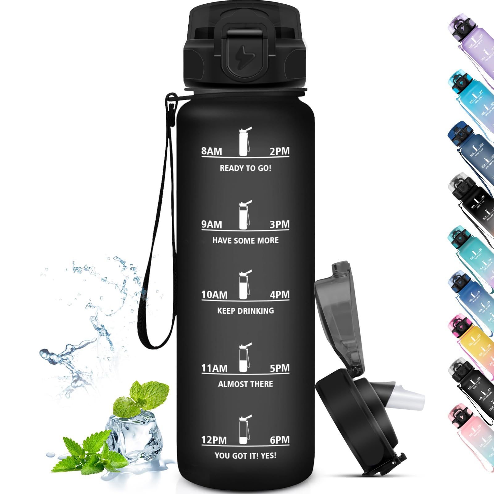 Grsta Borraccia 1 Litro, con Cannuccia Senza Perdite, Borraccia Motivazionale con Scala Temporale, per Bere di Piu, Facile da Pulire, per Sport, Fitness, Escursionismo, Nero