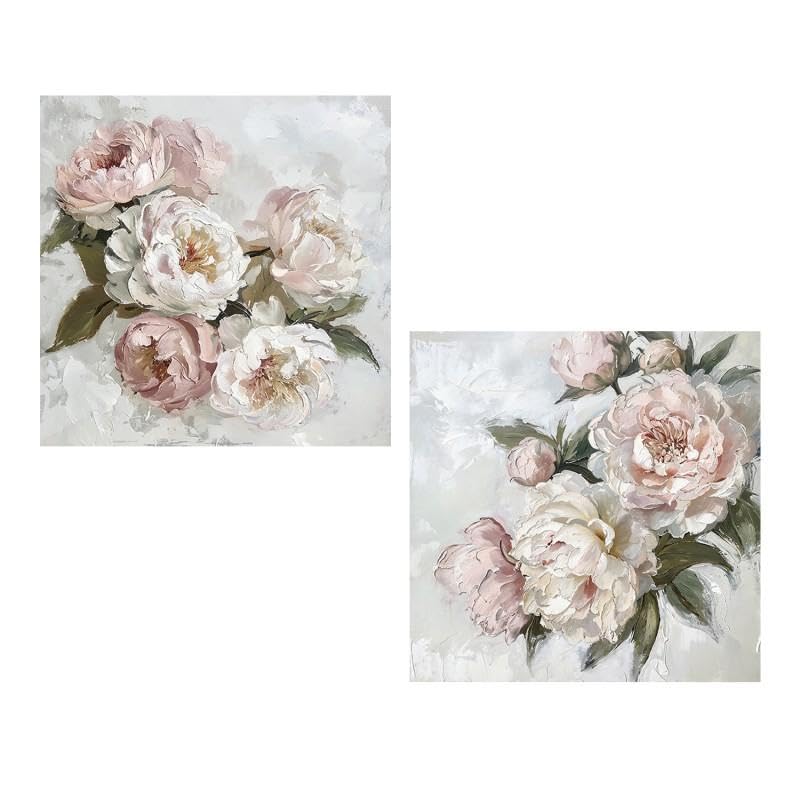 DRW Set 2 Quadri su Tela con Fiori, Verde e Rosa