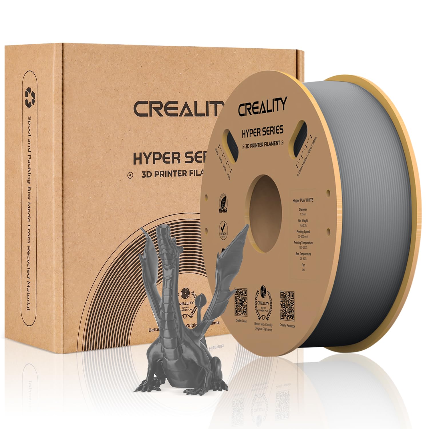 ufficiale Creality Filamento PLA Hyper Series PLA Super Velocità di stampa 30-600 mm/s 1,75 mm Bobina da 1 kg, filamento per stampa 3D per stampanti 3D - Grigio