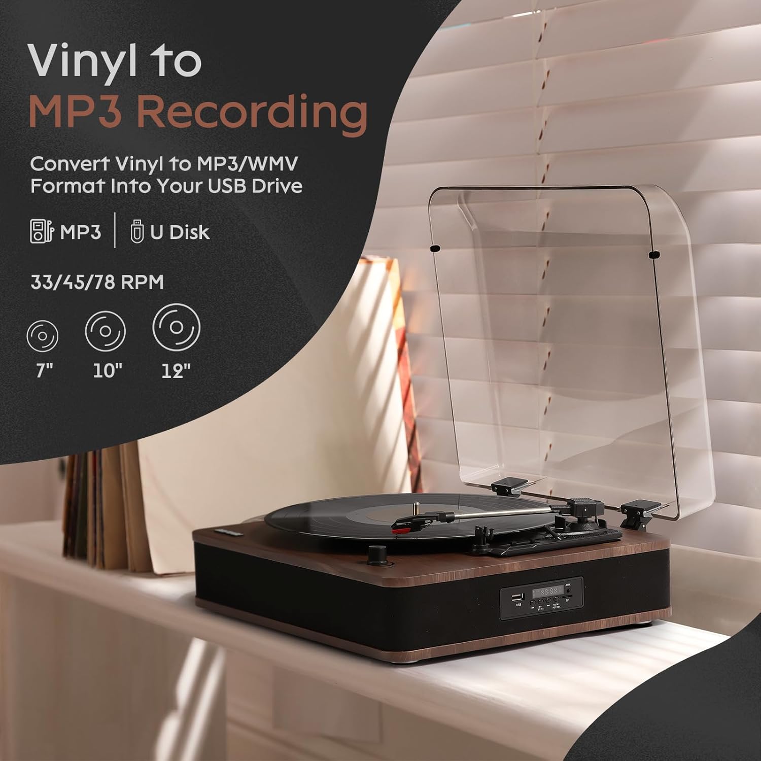 Retrospiler Giradischi Bluetooth con Altoparlanti, Noce - immagine 3