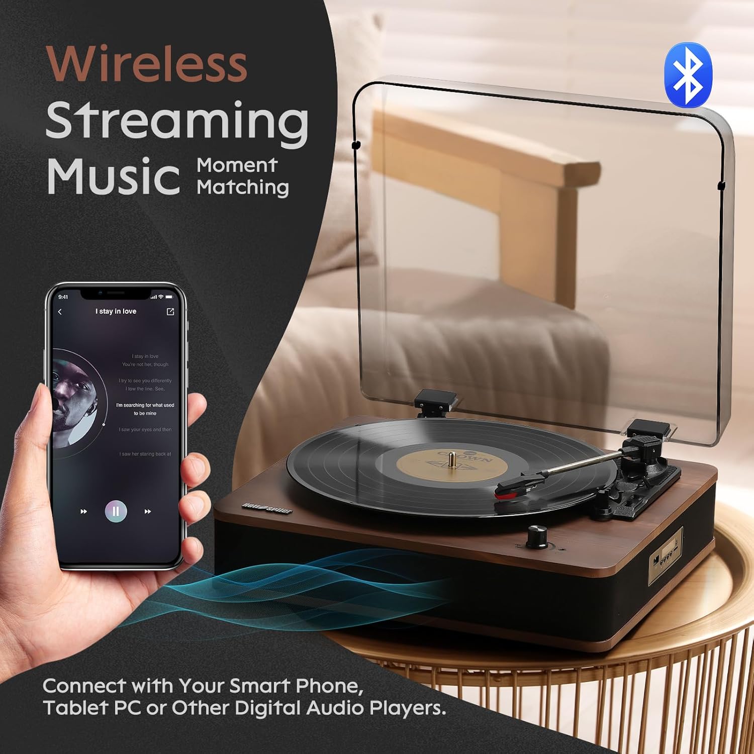 Retrospiler Giradischi Bluetooth con Altoparlanti, Noce - immagine 5