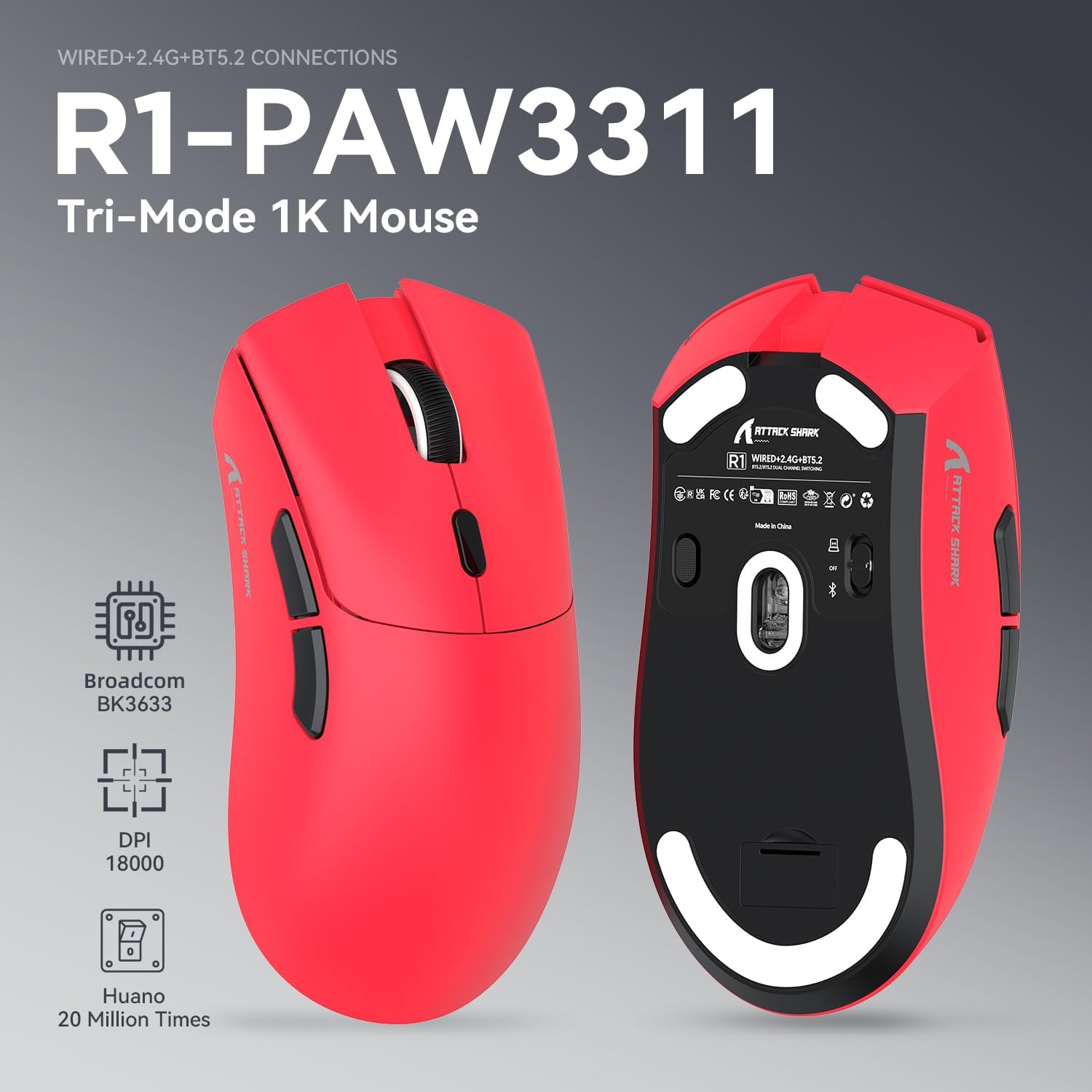 Attack Shark Mouse R1 SUPERLIGHT 59g Wireless 18000 DPI, Rosso - immagine 2