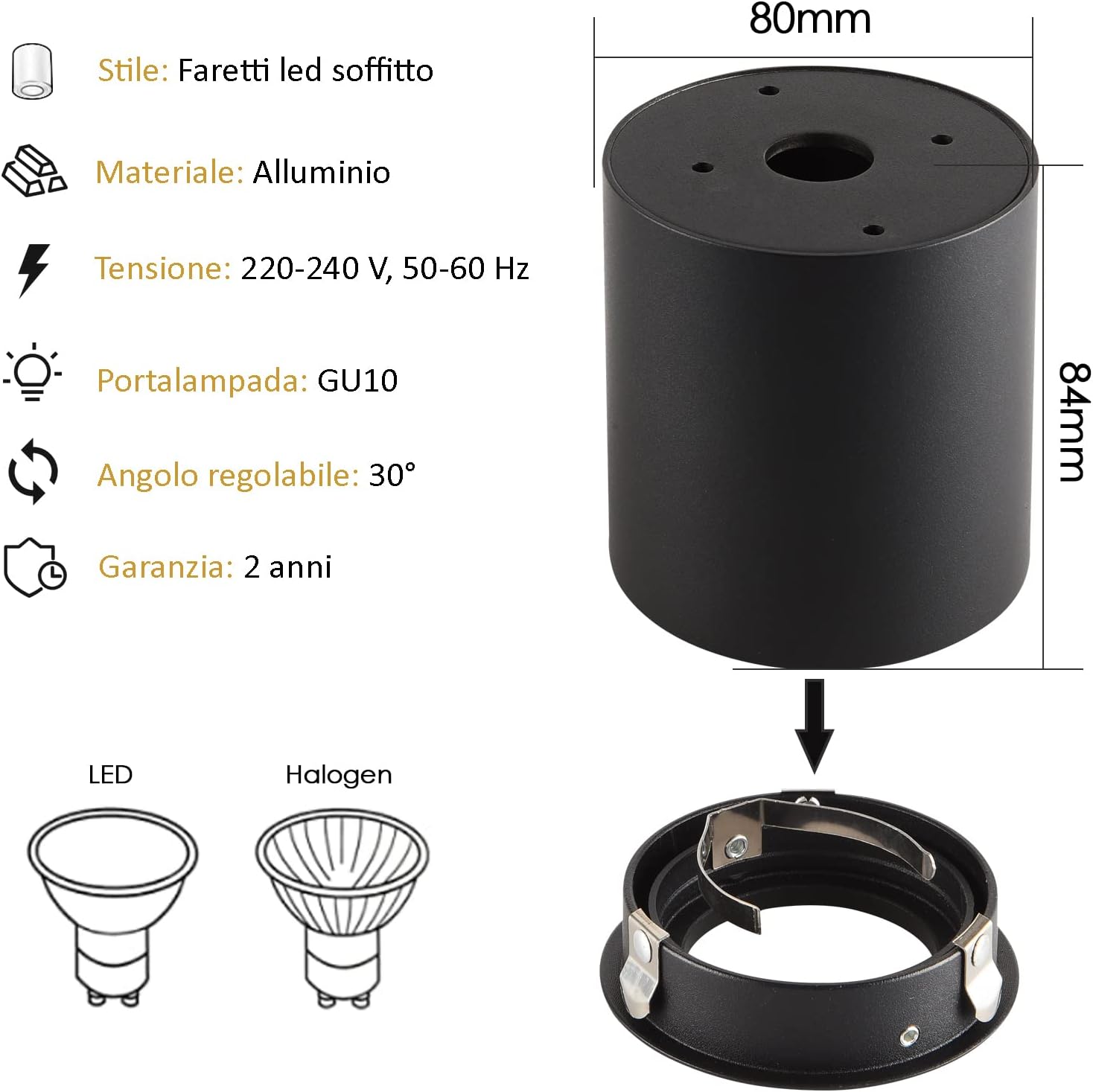 Faretto da Soffitto Orientabile Nero 4 Pcs GU10 - immagine 3