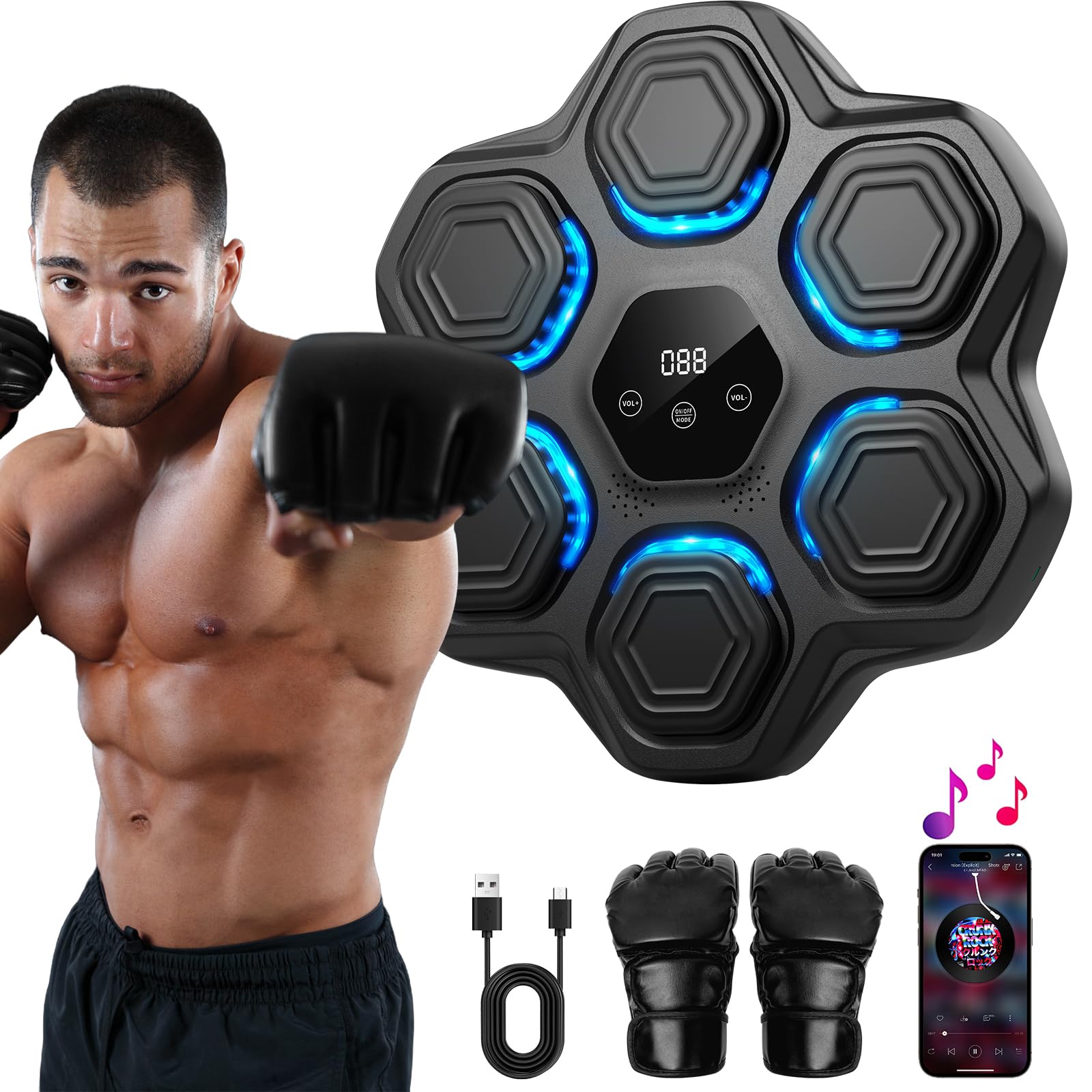 Macchina da Pugilato Musicale per Adulti Beatpunch Macchina da Boxe da Parete Musicale con Luce a LED e Guanti da Boxe, Beat Pugno Macchina Musicale per Adulti/Bambini, Articoli per l'allenamento per