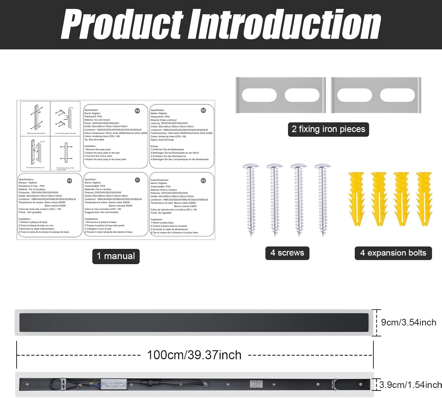 Klighten Applique da Parete Lunga LED 30W IP65 Antracite - immagine 3