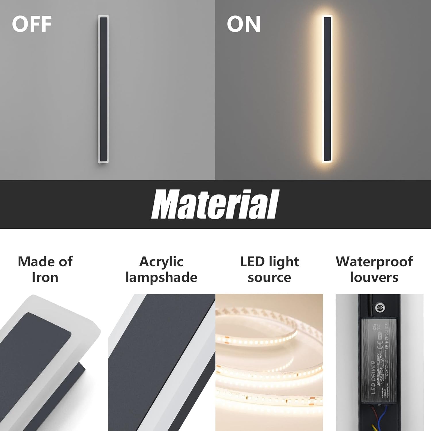 Klighten Applique da Parete Lunga LED 30W IP65 Antracite - immagine 4