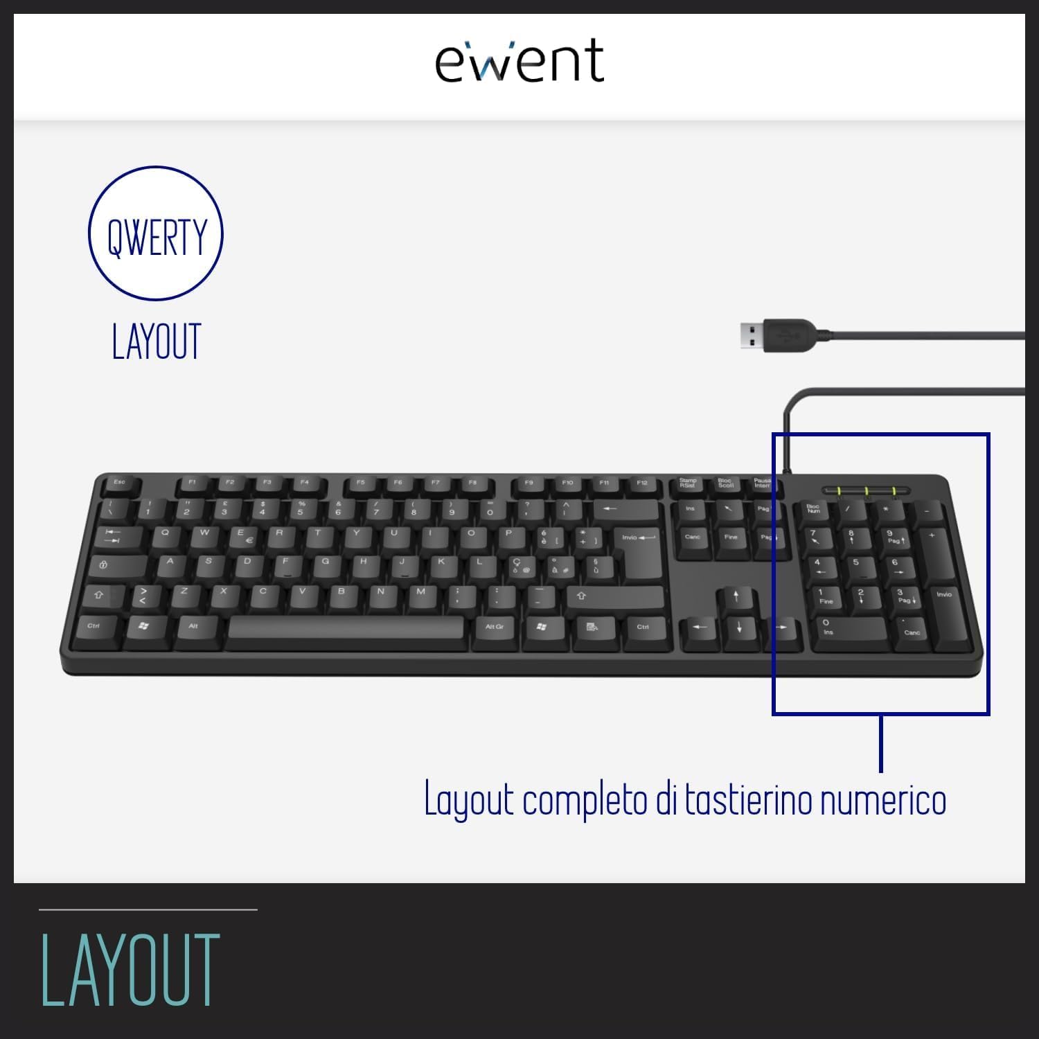 Ewent Tastiera Professionale USB Cablata QWERTY, Nera - immagine 2