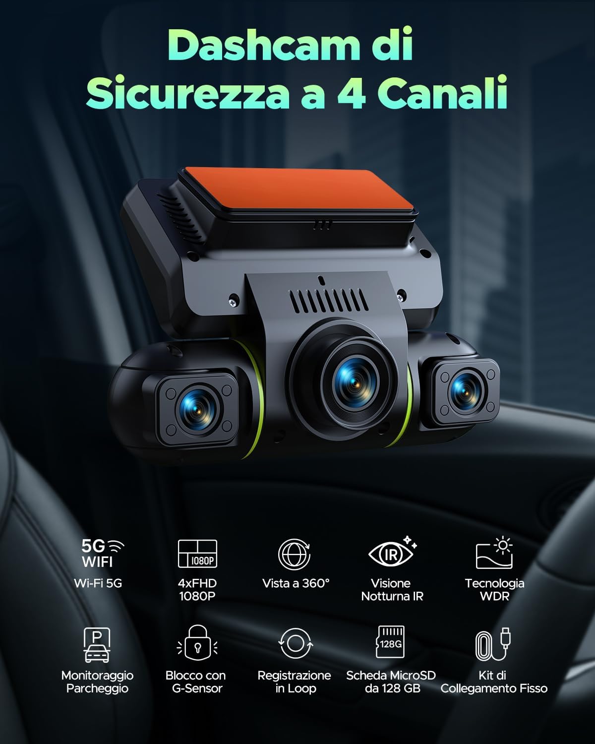 Lamtto Dash Cam Auto 360° WiFi 5G 4 Canali - immagine 2