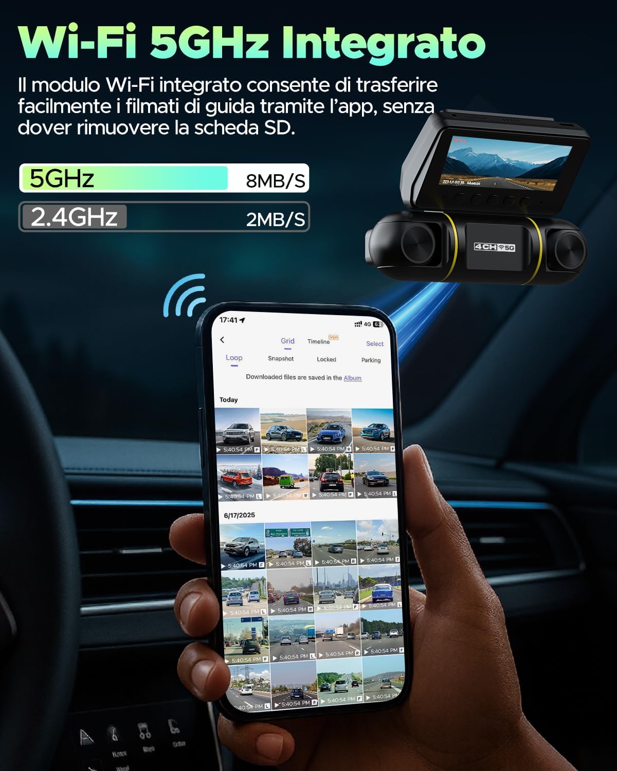 Lamtto Dash Cam Auto 360° WiFi 5G 4 Canali - immagine 5