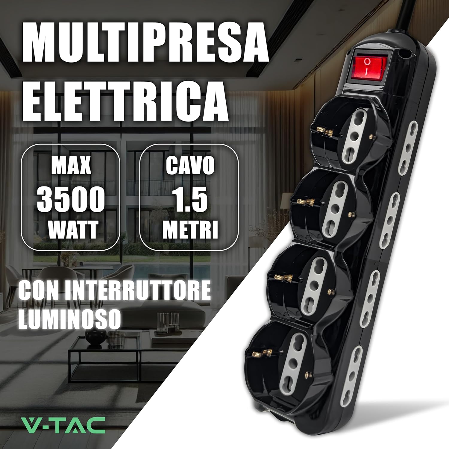 V-tac Multipresa Nera 12 Posti con Interruttore 1,5mt - immagine 2