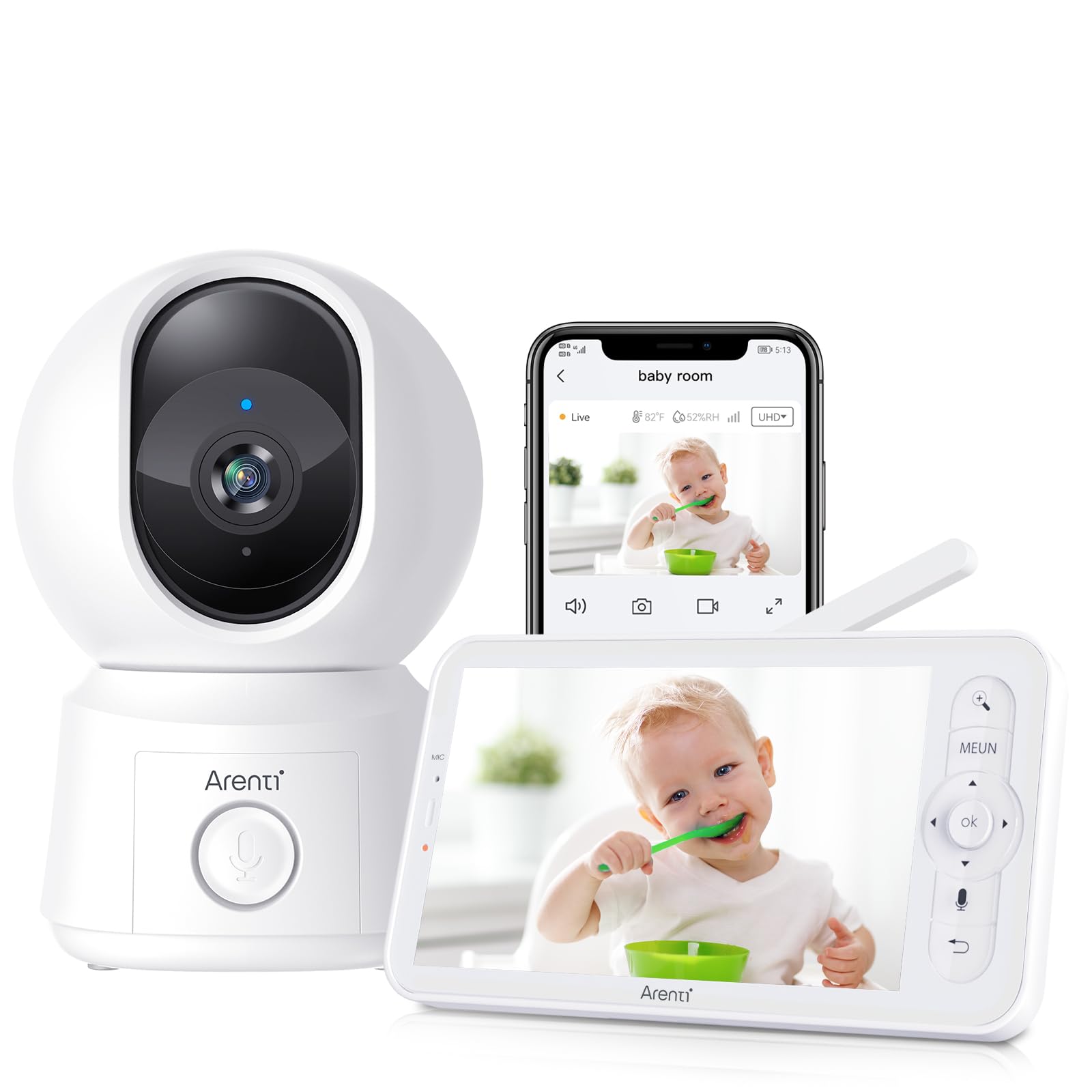 ARENTI 1080P Baby Monitor Video e Audio, Telecamera Bambini con Monitor 5'', Rilevamento di Rumore/Movimento/Zone Pericolose, Monitoraggio Temperatura, Audio Bidirezionale, Compatibile con Alexa