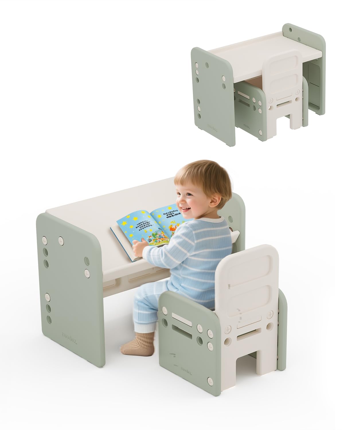 Tavolo e Sedia per Bambini con Piano Inclinabile, Verde