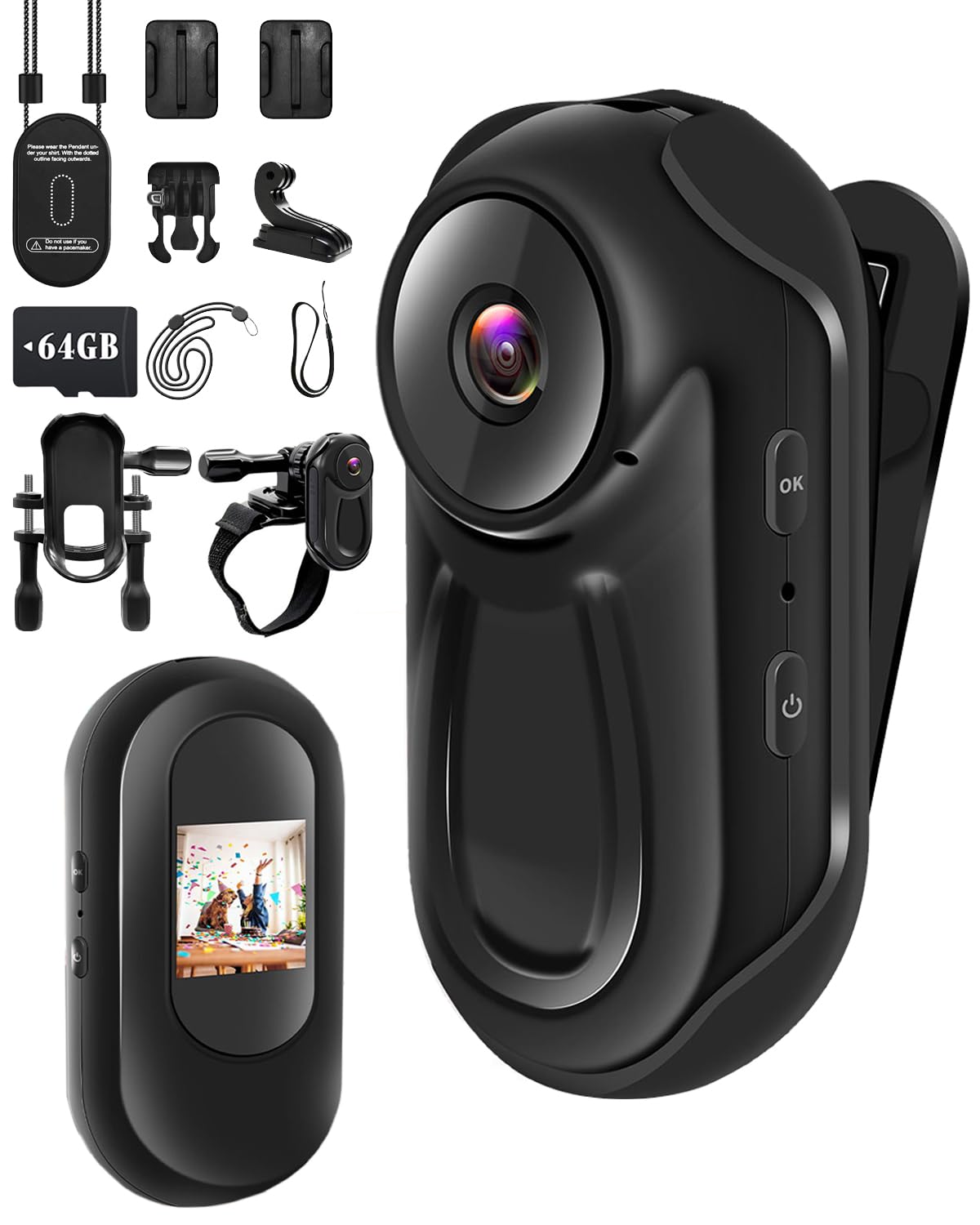 Bodycam Mini 1080P con SD 64GB e Schermo Touch HD