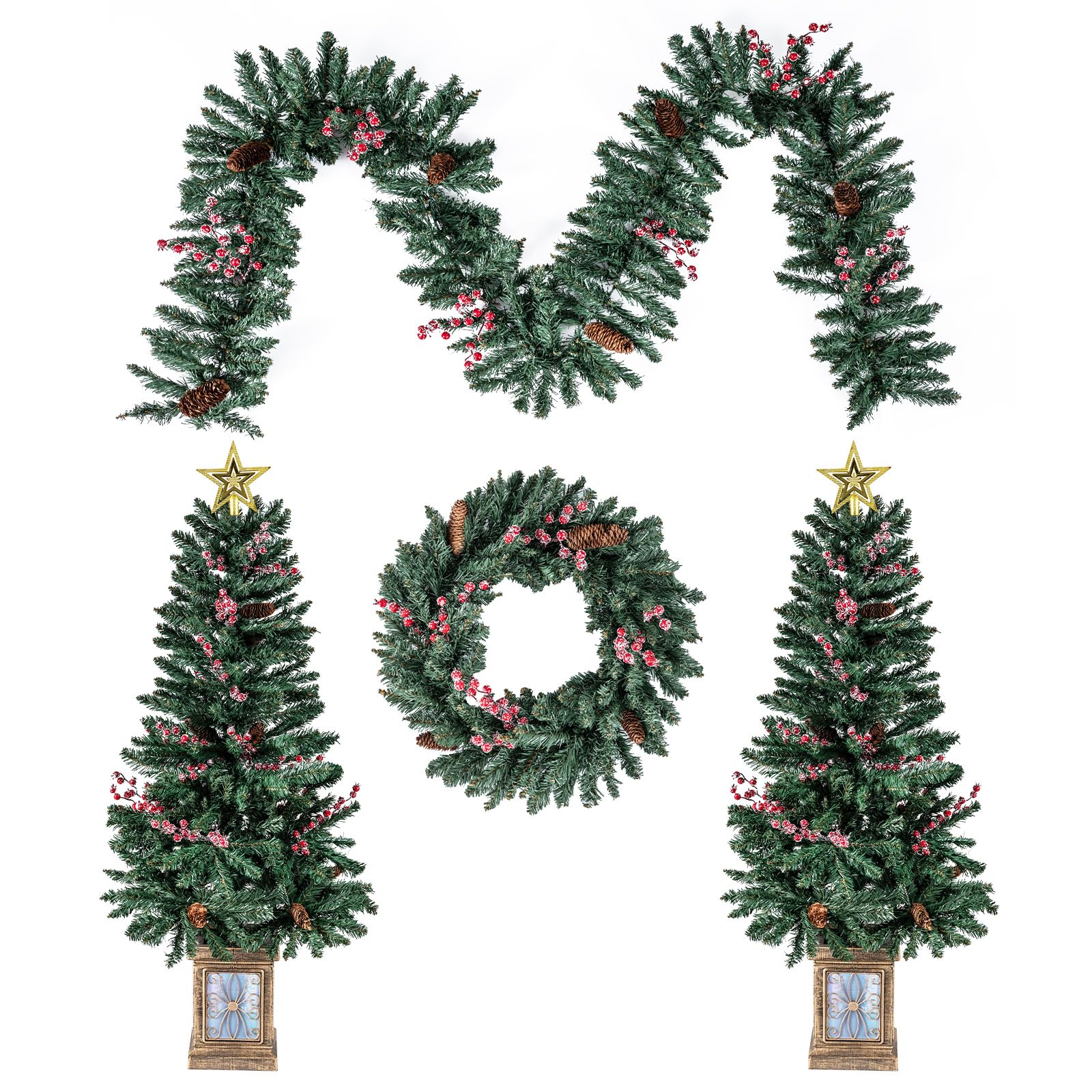 FANTASK Set di 4 decorazioni natalizie, Albero di Natale artificiale con ghirlanda natalizia e corona natalizia, Mini abete con pigne di pino, bacche rosse ghiacciate e stella