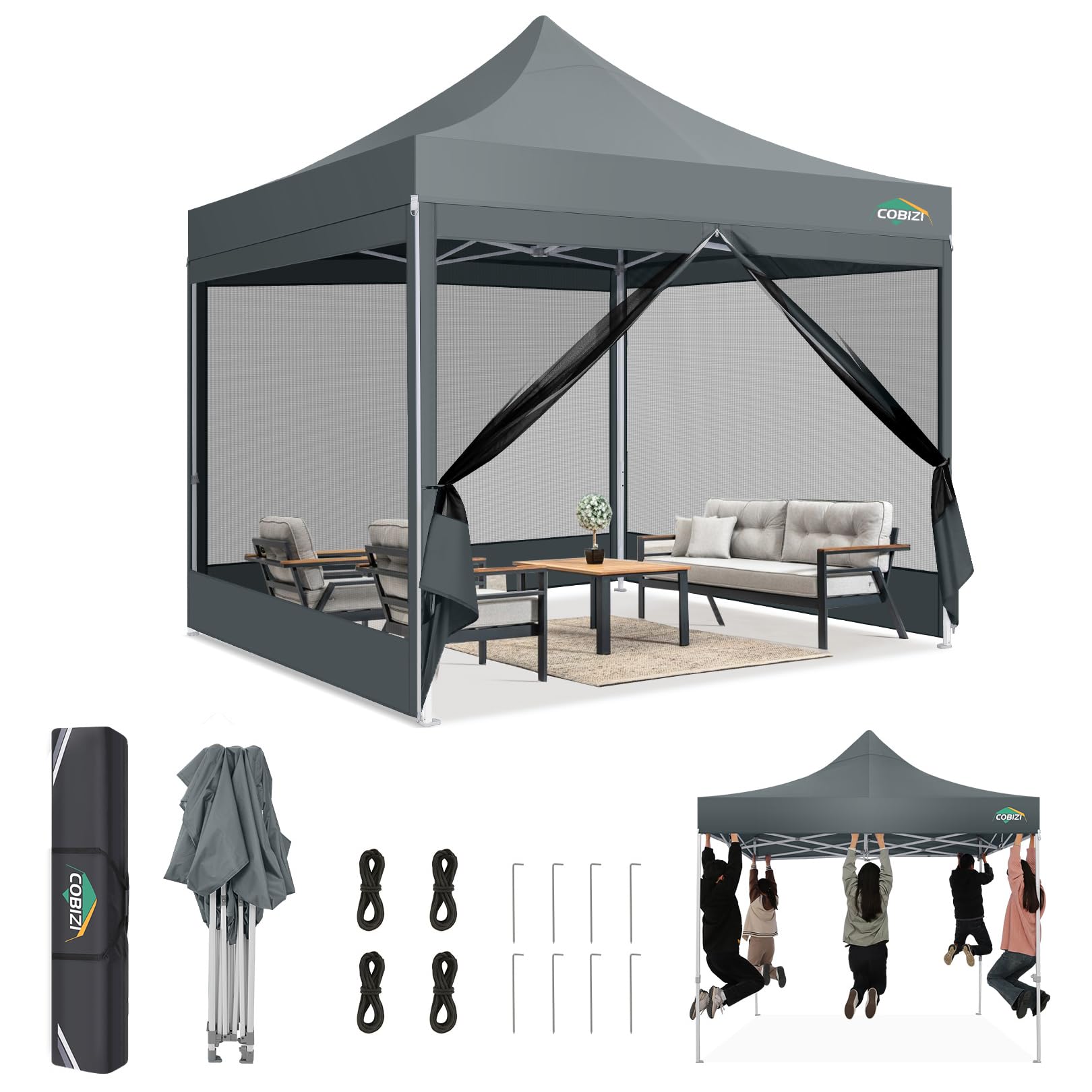 Cobizi Gazebo Pieghevole 3x3m con 4 Pareti, Grigio
