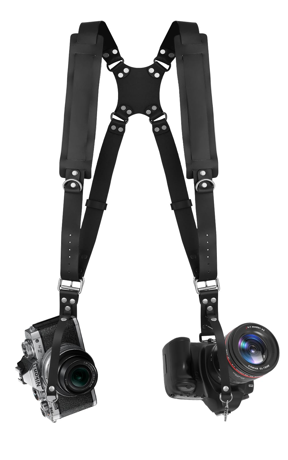 Tracolla Doppia per Fotocamera in Pelle, Nera