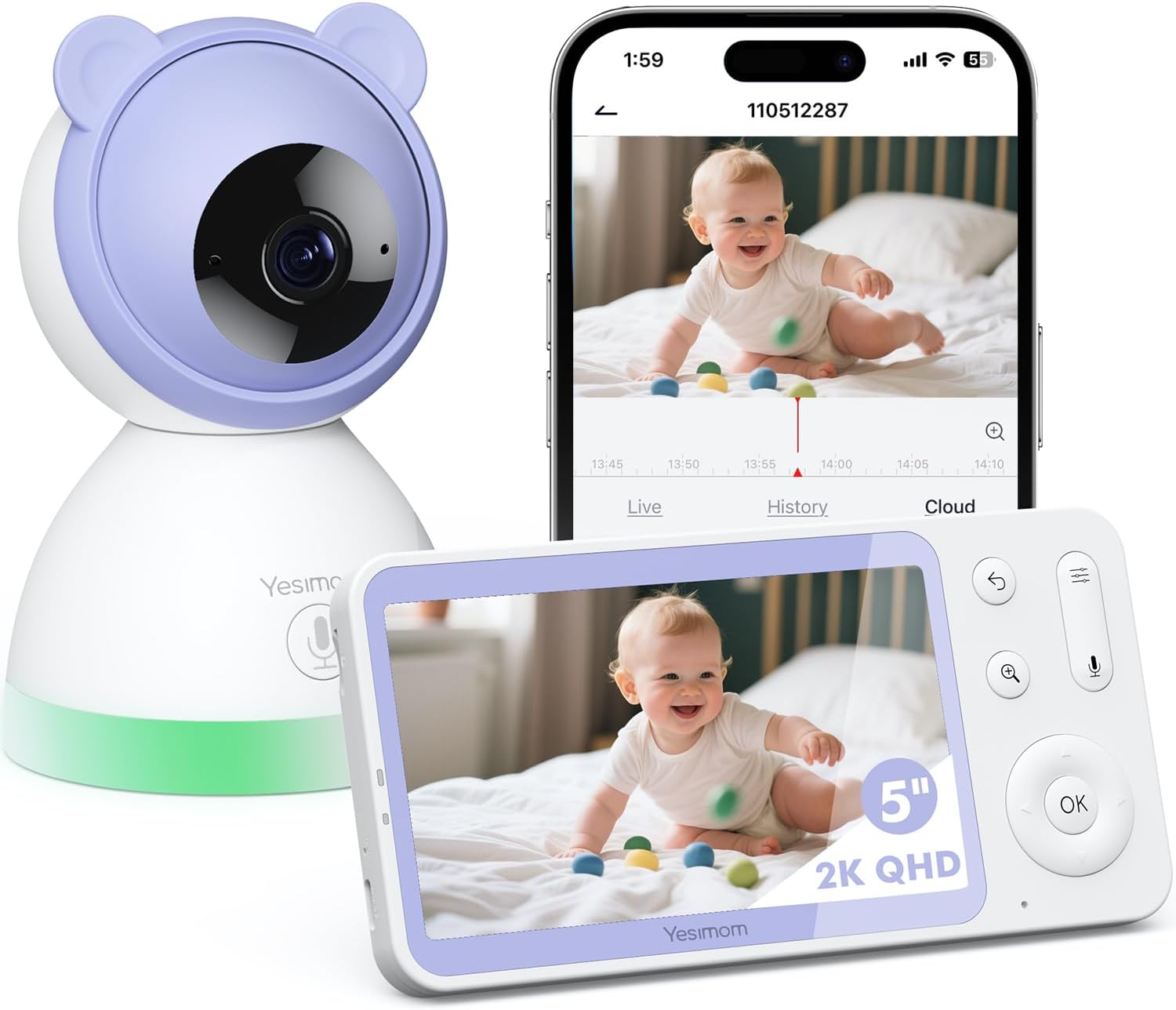Babyphone Video 720P/5" con Fotocamera PTZ 355°