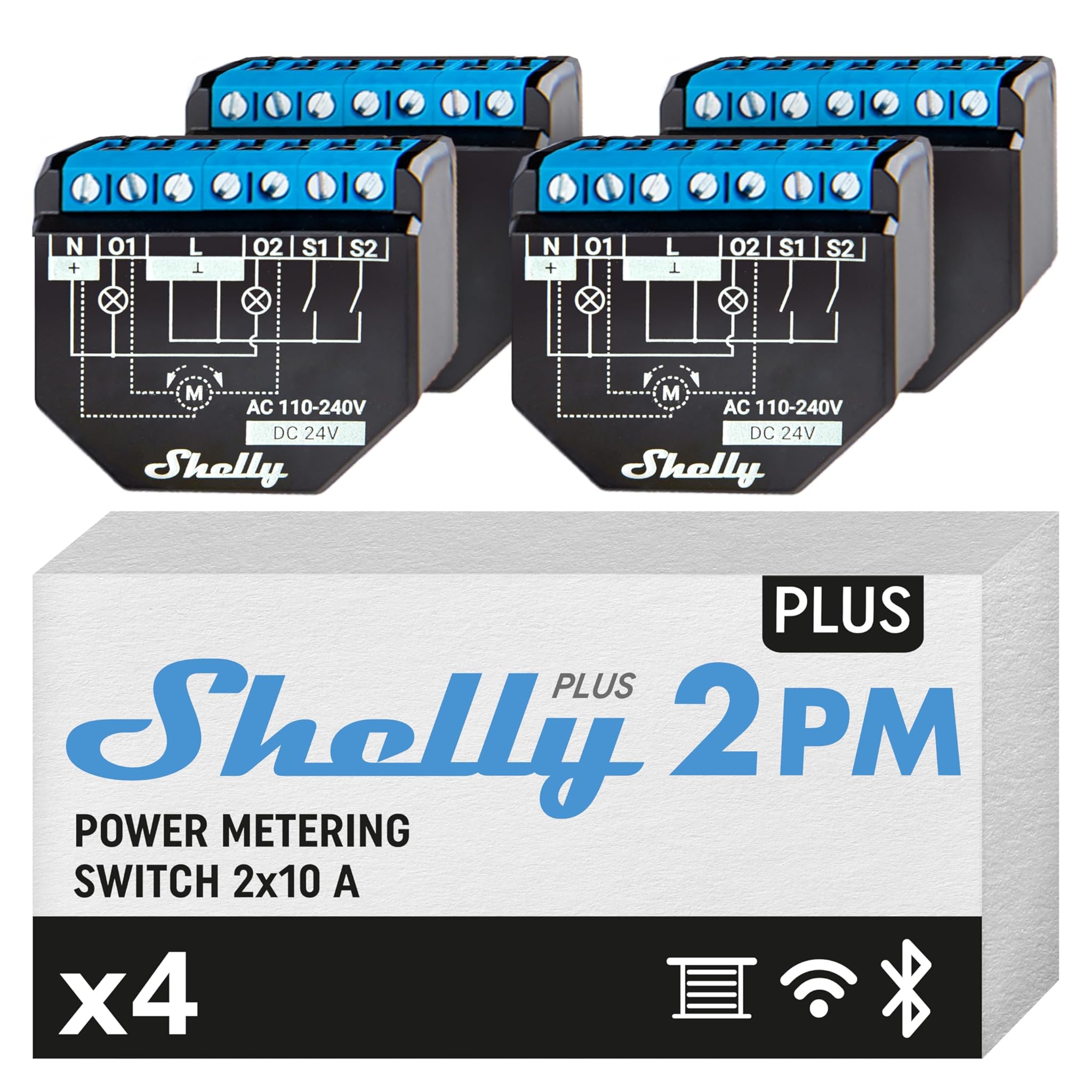 Shelly Plus 2PM - Relè Interruttore con Misurazione Consumo (4 pezzi)