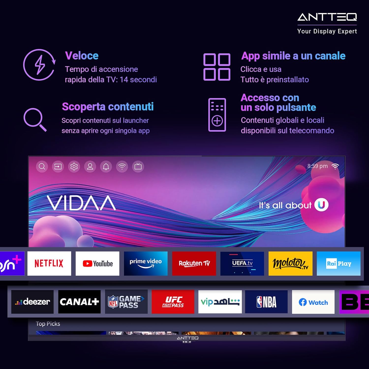 Antteq ViTA Smart TV 32 Pollici(81cm) Televisore,Vidaa App Store, DAZN/Youtube/Netflix/Prime video,Triple Tuner,Wifi，HDMI，2025 - immagine 2