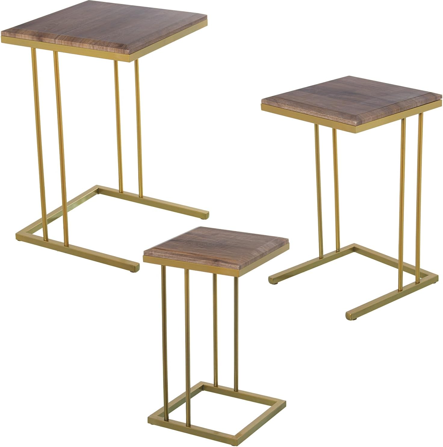 Drw Set 3 Tavolini in Metallo e Legno, Oro e Rovere